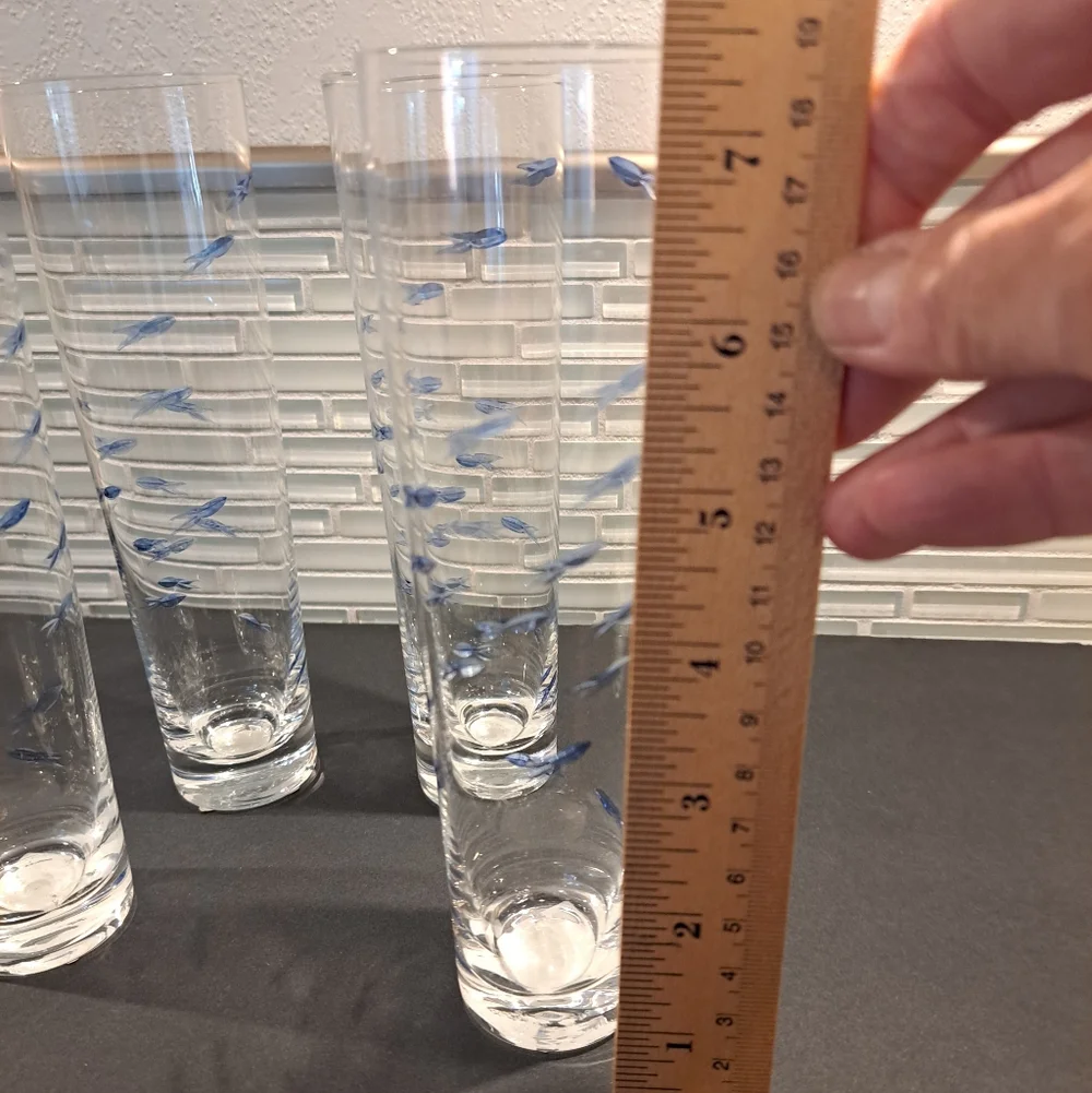 4 Blue Etched School Fish Guppy High Ball Cocktail Glasses -Z Gallerie